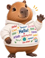 A capybara in a hoodie waving, hello written on it in many languages