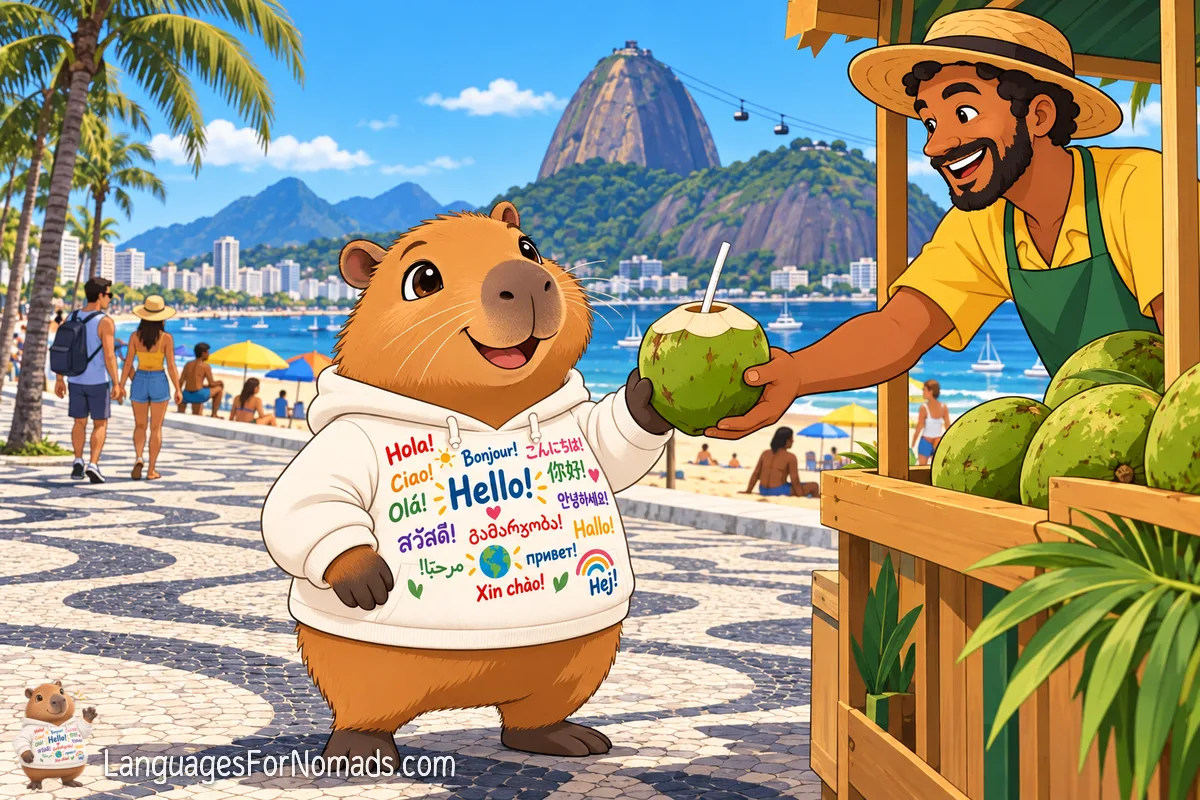 The capybara mascot takes a fresh coconut from a smiling vendor on Copacabana's wave-patterned promenade, with Sugarloaf Mountain and its cable car behind.