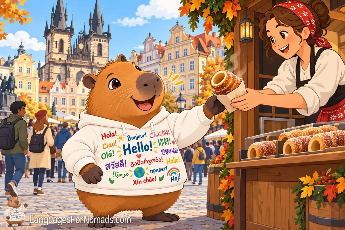 The capybara mascot is handed a trdelník at a market stall in Prague's Old Town Square, below the spires of the Týn Church.