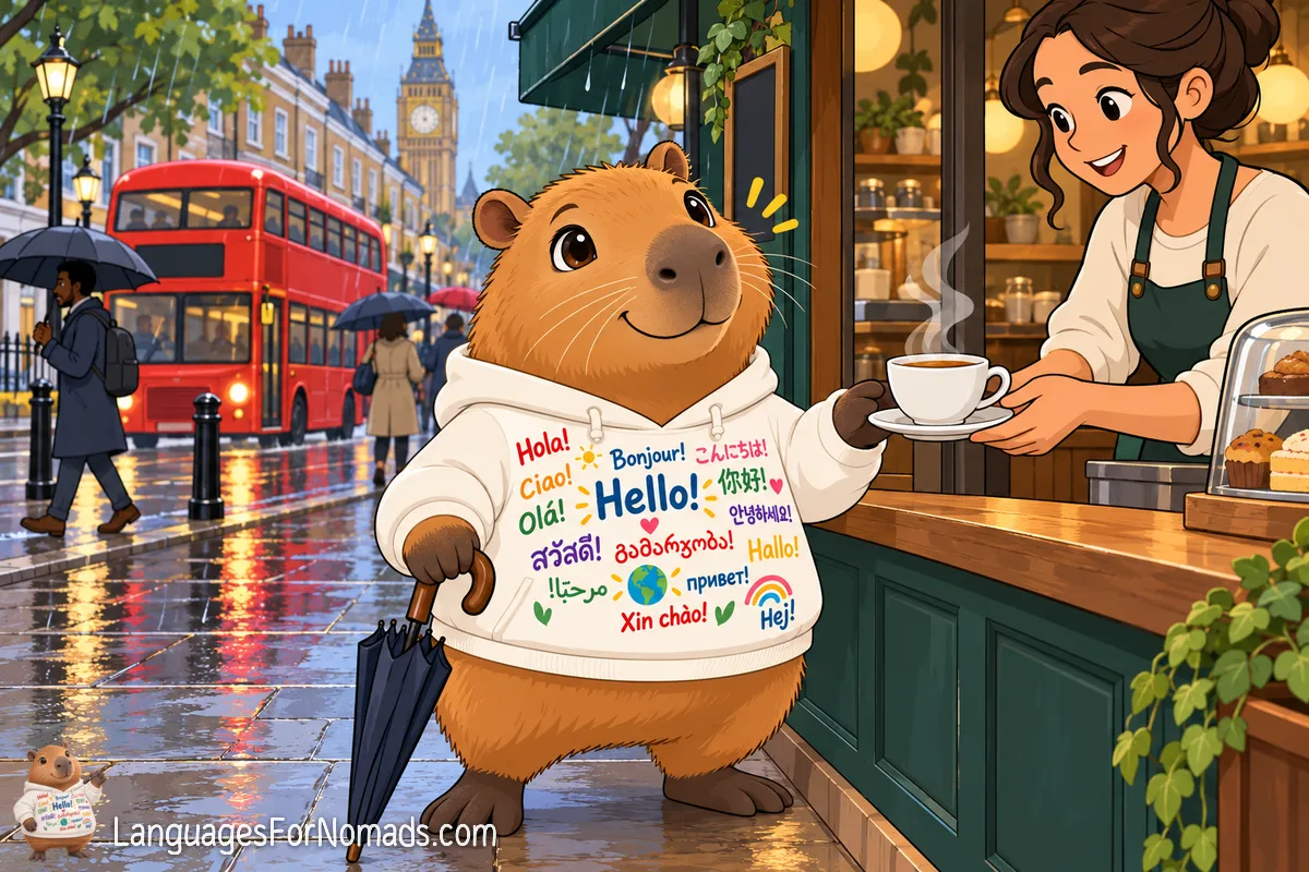 Das Capybara-Maskottchen bekommt in einem Londoner Café an einer regnerischen Straße eine Tasse Tee, dahinter ein roter Doppeldeckerbus und Big Ben.