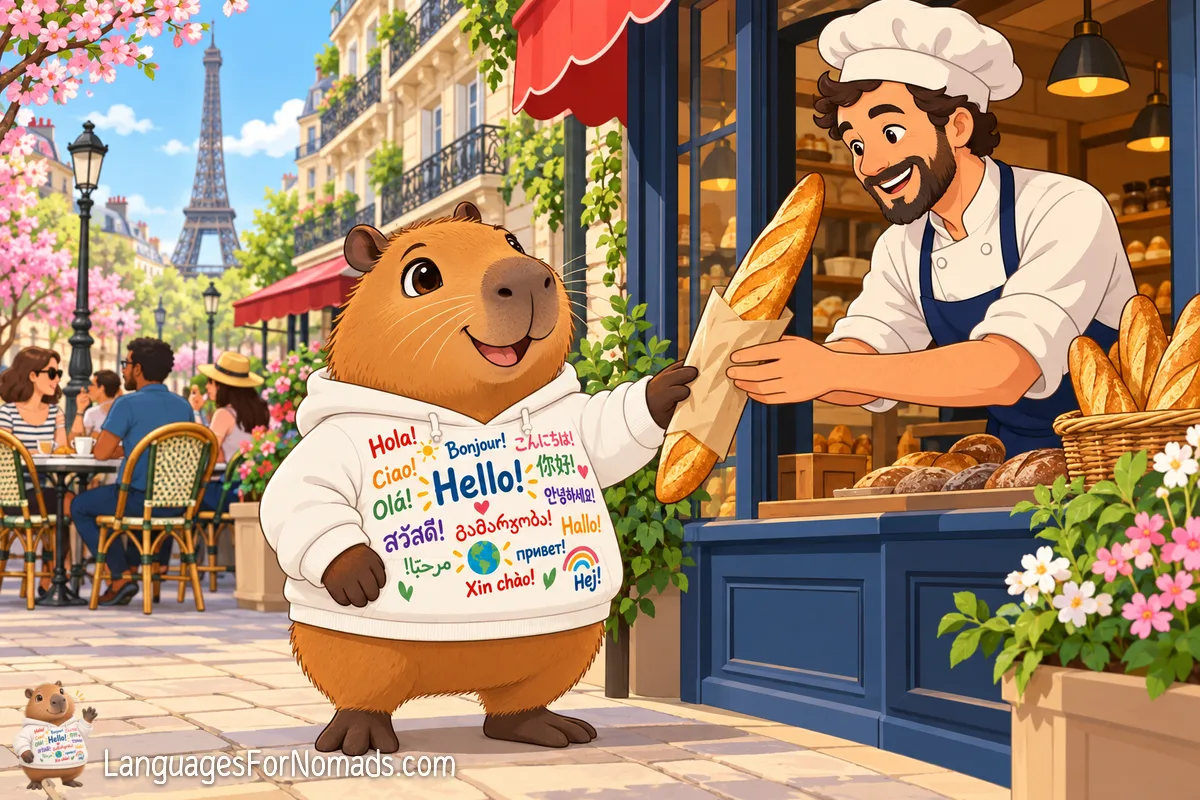 The capybara mascot is handed a baguette by a baker in Paris, with café tables and the Eiffel Tower behind.