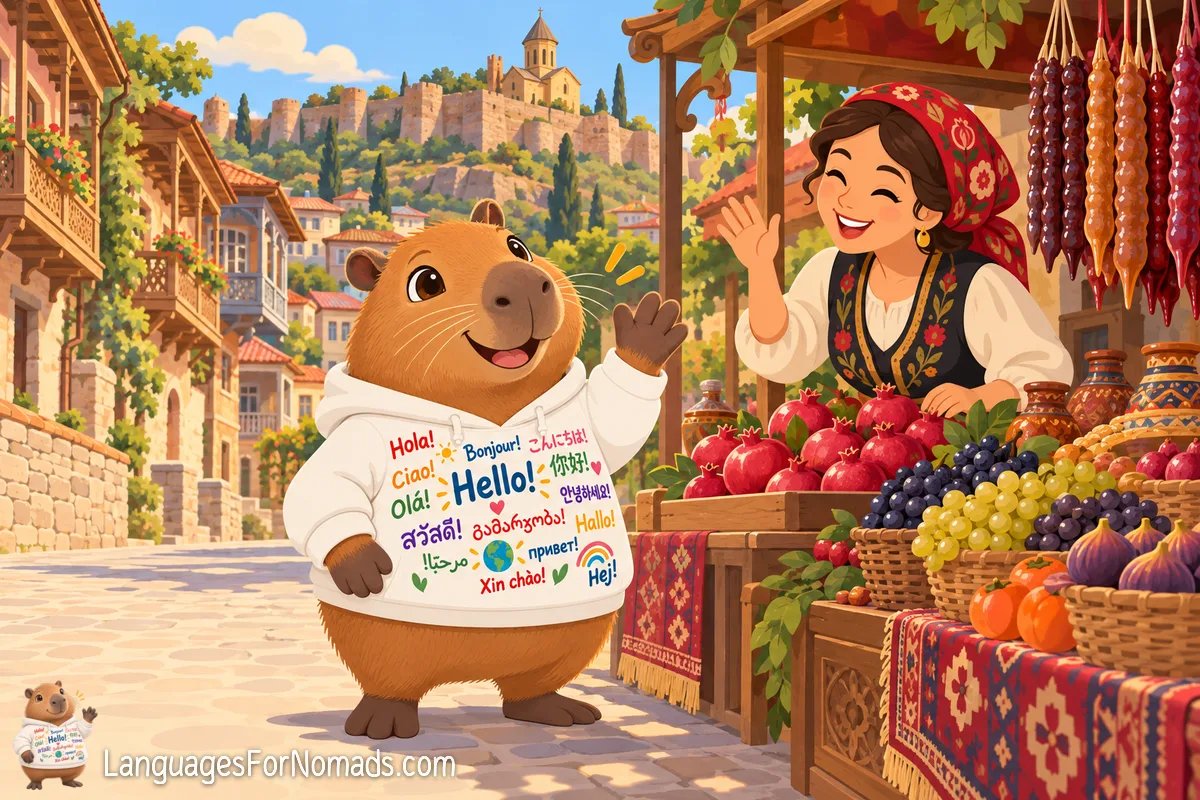 The capybara mascot waves to a smiling stallholder selling churchkhela and fruit in Old Tbilisi, with Narikala Fortress on the hill behind.