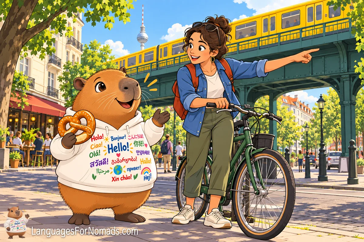 The capybara mascot, holding a pretzel, is shown the way by a cyclist below a Berlin U-Bahn viaduct, with the TV Tower behind.