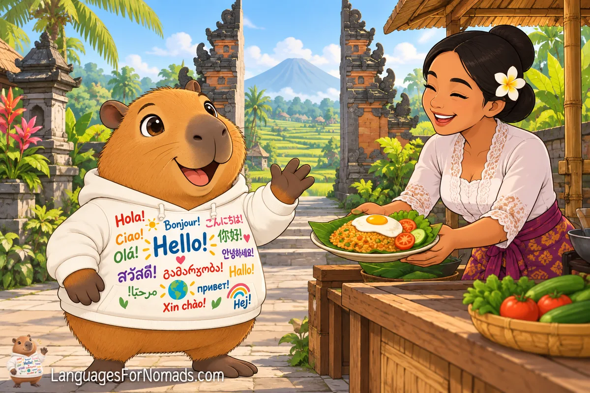 The capybara mascot is handed a plate of nasi goreng at a Balinese stall, with a split temple gate and a volcano behind.