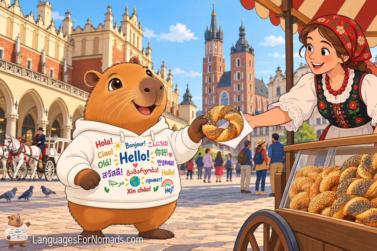 The capybara mascot is handed an obwarzanek at a stall in Krakow's Main Square, with the Cloth Hall, St Mary's Basilica and a horse-drawn carriage behind.