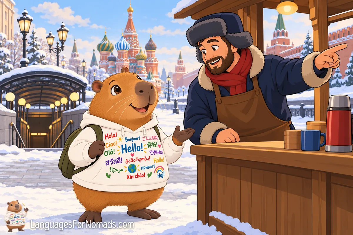 A stallholder on a snowy Moscow street points the capybara mascot, wearing a backpack, the way, with St Basil's Cathedral and a metro entrance behind.