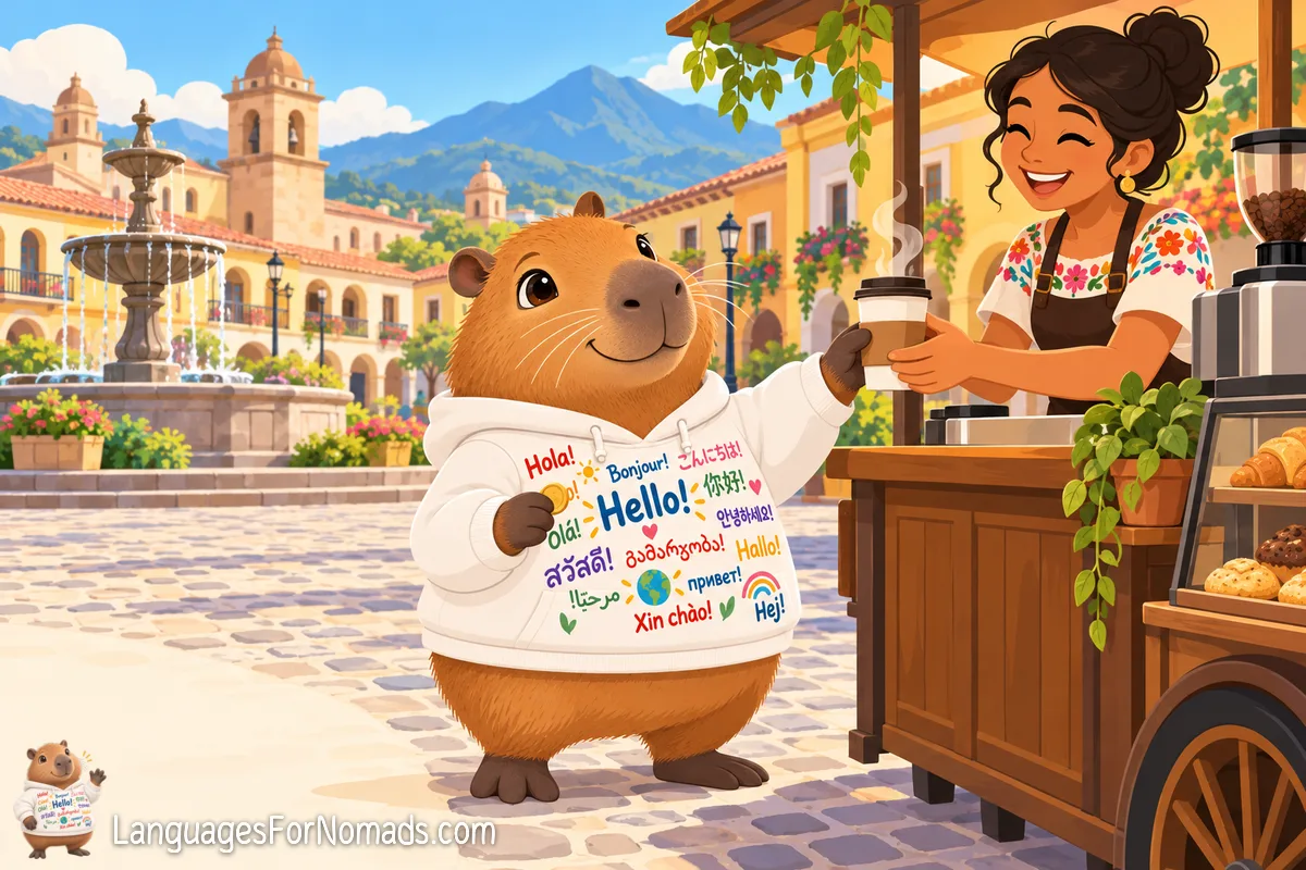 The capybara mascot is handed a coffee at a cart on a Latin American plaza, with a fountain, a colonial church and mountains behind.