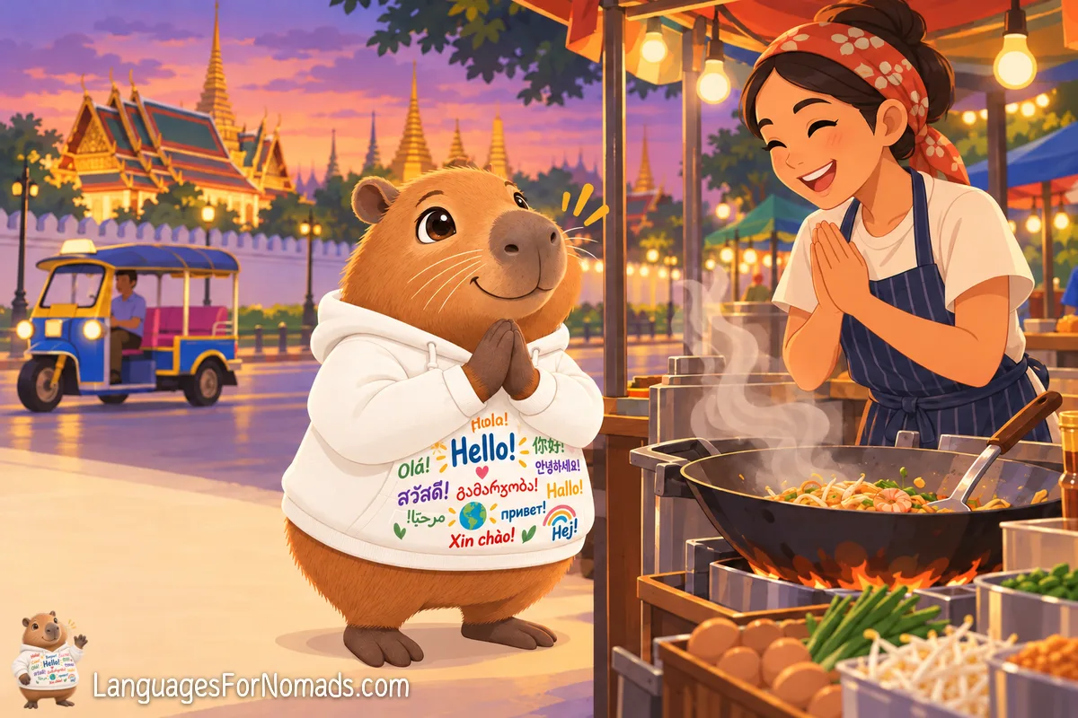 The capybara mascot and a street-food cook greet each other with a wai beside a smoking wok in Bangkok at dusk, with temple roofs and a tuk-tuk behind.