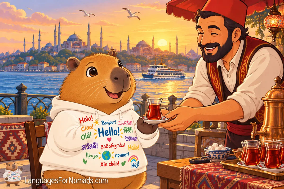 The capybara mascot is handed a glass of tea by the Bosphorus at sunset, with a ferry and Istanbul's mosques across the water.
