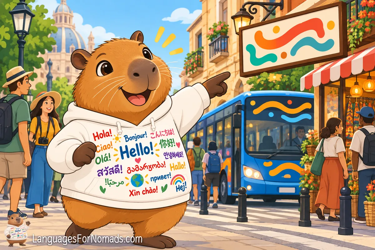 The capybara mascot points excitedly at a colourful shop sign on a busy street, with travellers and a brightly painted bus.