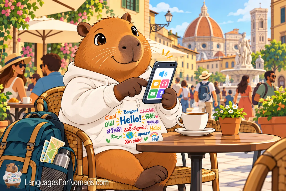 The capybara mascot sits at a café table using a language app on a phone, with a backpack and map beside it and a domed cathedral behind.