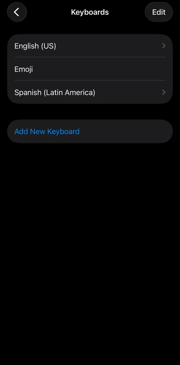 Keyboards, with Add New Keyboard under the list