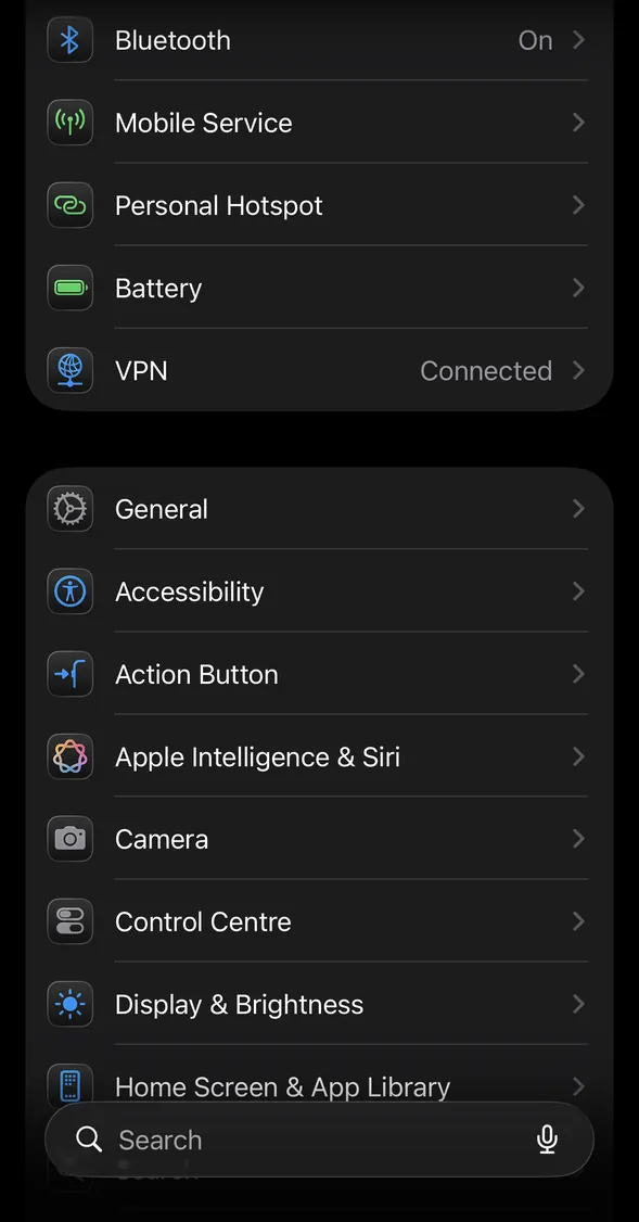 Settings, with General in its list